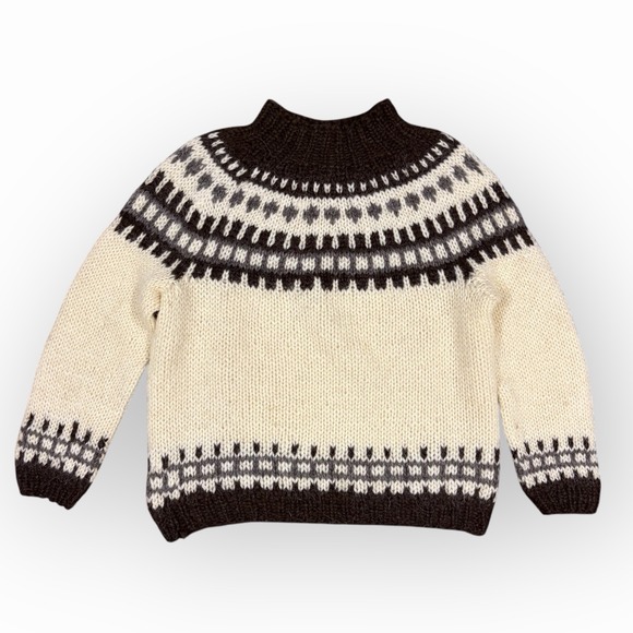 Vintage Icelandic Lopapeysa Wool Sweater Álafoss Lopi Yoke Cream Brown M - Picture 7 of 9
